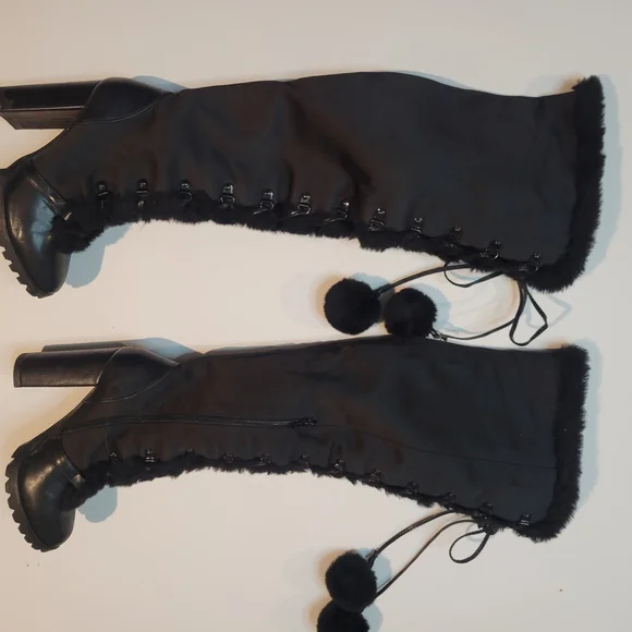 Elegant Black Over the Knee Boots with Pom-Pom Detail - Picture 2 of 7